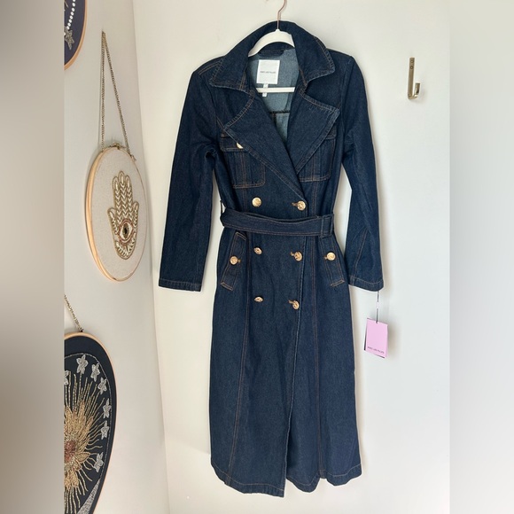 Avec Les Filles Dark Denim Trench Jacket with Gold Button Accents - Picture 2 of 10